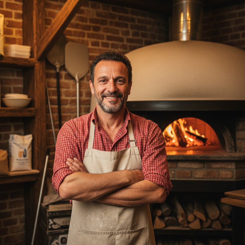 Gründer Marco in seiner Pizzeria da Marco in Berlin vor dem Holzofen